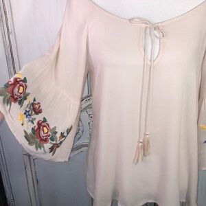 Blush Boho Ruffle and Embroidered Raglan Sleeve Wide Neck Front Keyhole With Tie